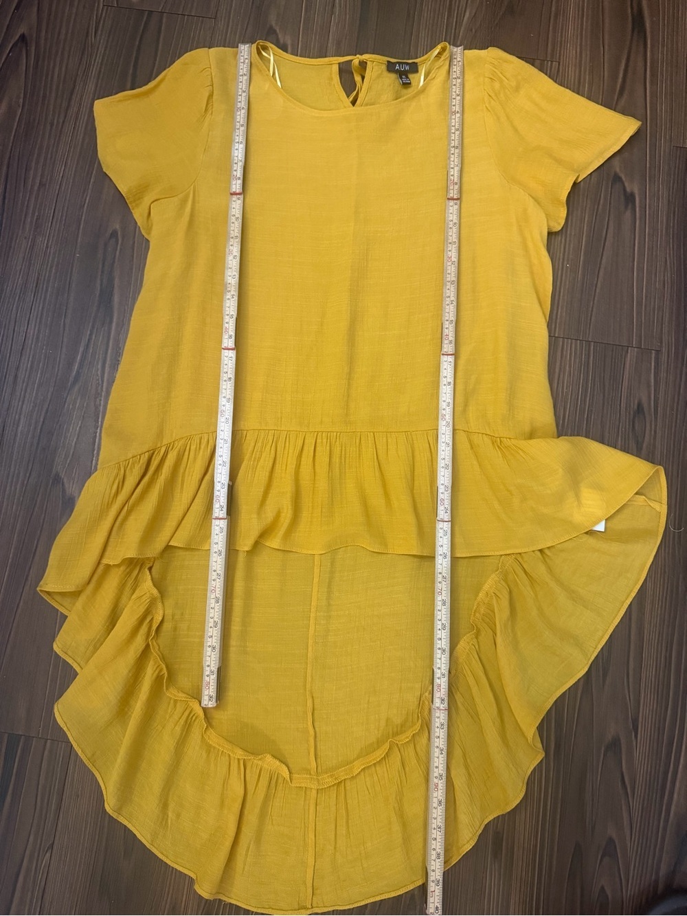 AUW Mustard High-Low Ruffle Blouse XL Boho Flowy Short Sleeve Top - Picture 4 of 7